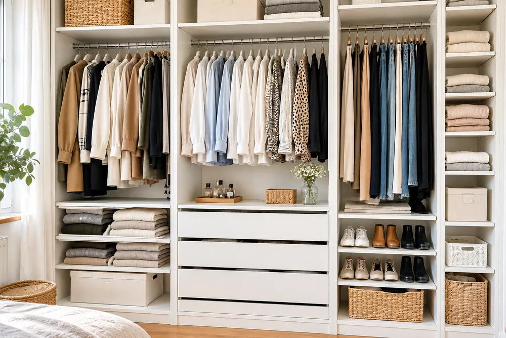 Begehbarer Kleiderschrank mit mehreren Kleiderstangen, offenen Regalfächern, Schubladen und einem eigenen Bereich für Schuhe, übersichtlich nach Farben sortiert