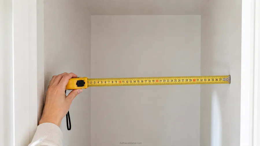 Hand hält gelbes Maßband an eine leere Regalwand und misst die Breite