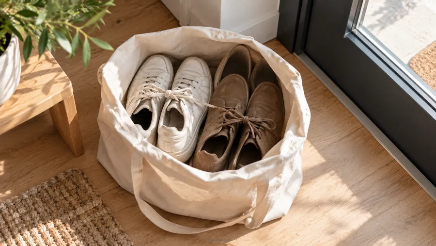 Aussortierte, paarweise gebündelte Schuhe bereit für die Altkleidersammlung oder Spende
