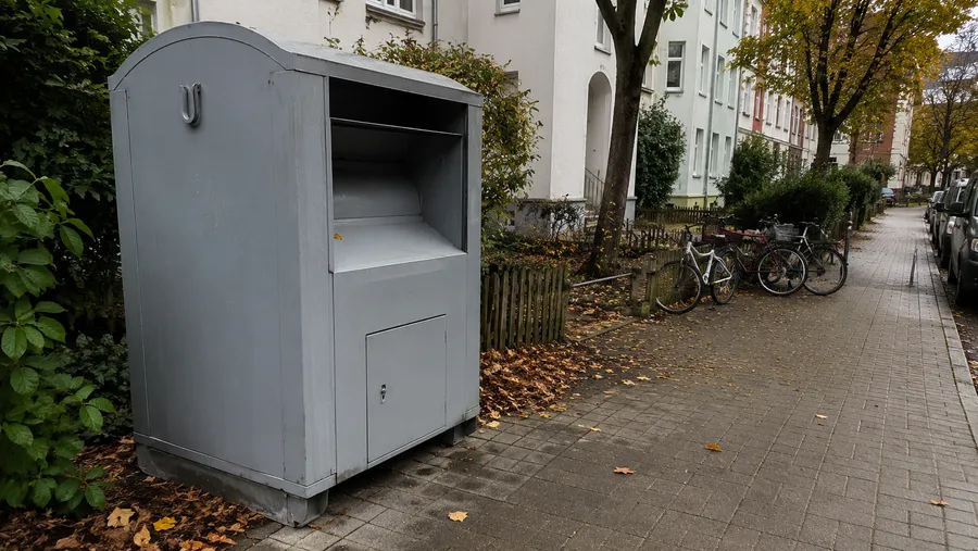 Grauer Metall-Altkleidercontainer auf einem Gehweg in einer ruhigen deutschen Wohnstraße