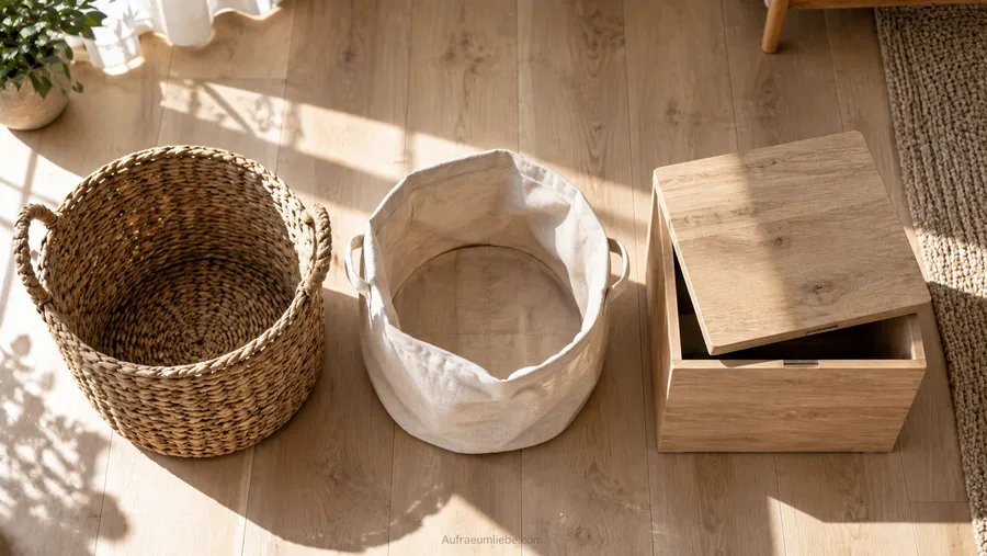 Materialvergleich für Aufbewahrungskörbe im Wohnzimmer: geflochtener Rattankorb, Stoffkorb und Holz-Truhe nebeneinander
