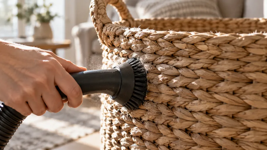 Rattankorb mit Staubsauger und Bürstenaufsatz reinigen, praktische Pflege für Aufbewahrungskörbe im Wohnzimmer