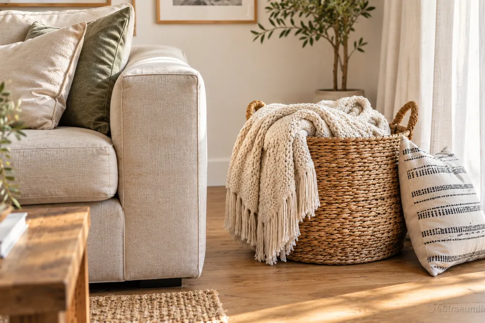 Aufbewahrungskorb Wohnzimmer aus Seegras neben dem Sofa mit gefalteter Kuscheldecke, praktische Aufbewahrungslösung für den täglichen Griff zur Decke