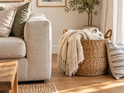 Aufbewahrungskorb Wohnzimmer aus Seegras neben dem Sofa mit gefalteter Kuscheldecke, praktische Aufbewahrungslösung für den täglichen Griff zur Decke