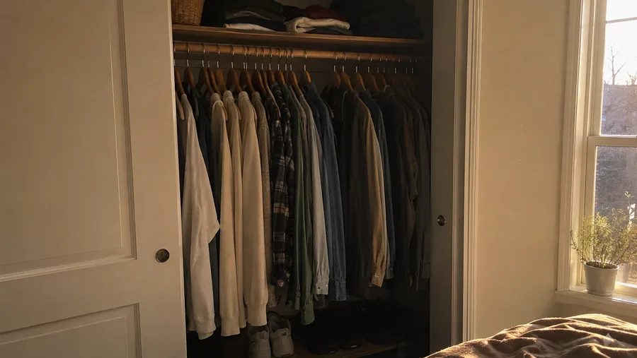 Offener Kleiderschrank mit gleichmäßig aufgehängter Kleidung und sichtbaren Lücken zwischen den Bügeln statt vollgestopft