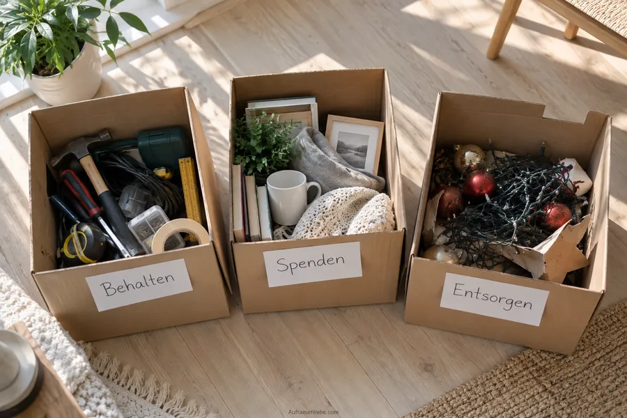 Draufsicht auf drei Sortierkartons beim Ausmisten der Abstellkammer, wichtiger erster Schritt vor jeder Regalplanung
