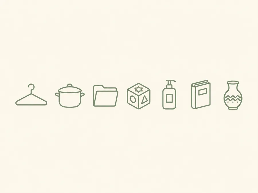Icon-Illustration mit sieben Symbolen für Kleidung, Küche, Papierkram, Spielzeug, Kosmetik, Bücher und Deko