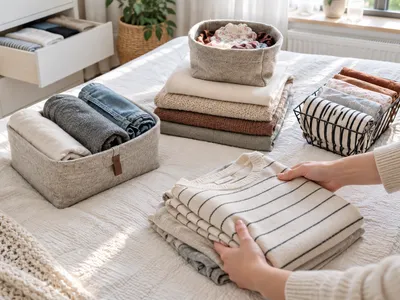 Hände falten Kleidung neben drei sortierten Aufbewahrungskörben auf dem Bett, Beispiel für den direkten Vergleich verschiedener Ausmisten-Methoden