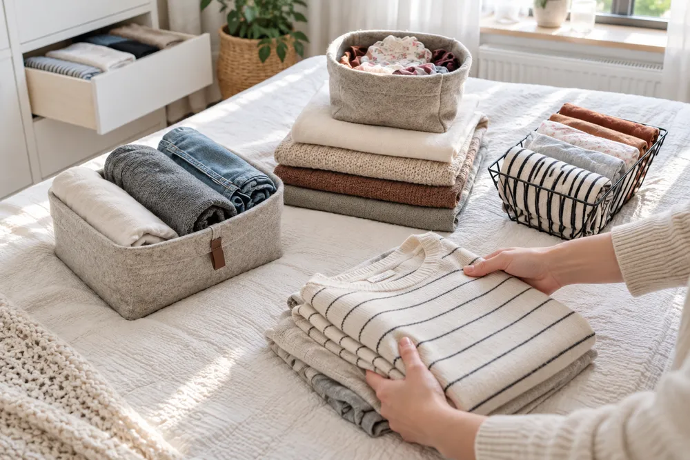 Hände falten Kleidung neben drei sortierten Aufbewahrungskörben auf dem Bett, Beispiel für den direkten Vergleich verschiedener Ausmisten-Methoden