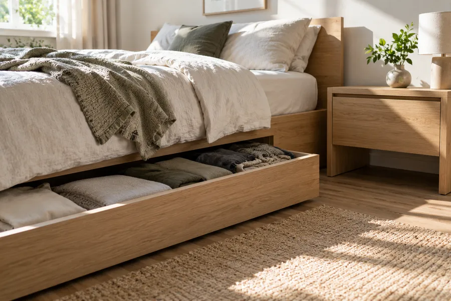 Bett mit sichtbarem Stauraumfach und einzelnem Nachttisch mit Schublade, zeigt, wie geschlossener Stauraum das Schlafzimmer optisch ruhig hält