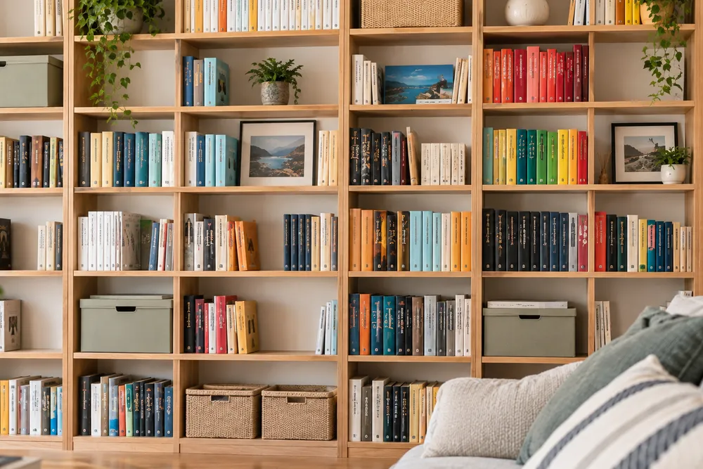 Bücherregal ordnen im Wohnzimmer: locker nach Farbe und Größe sortiertes Holzregal mit Buchstütze und Pflanze, gute Idee für Wohnzimmer organisieren ohne Perfektionismus