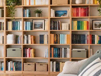 Bücherregal ordnen im Wohnzimmer: locker nach Farbe und Größe sortiertes Holzregal mit Buchstütze und Pflanze, gute Idee für Wohnzimmer organisieren ohne Perfektionismus