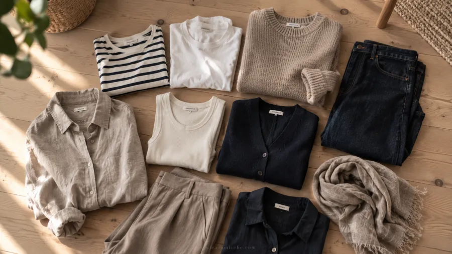 Flatlay von oben auf hellem Holzboden mit acht bis zehn lose ausgelegten Kleidungsstücken in neutralen Farben