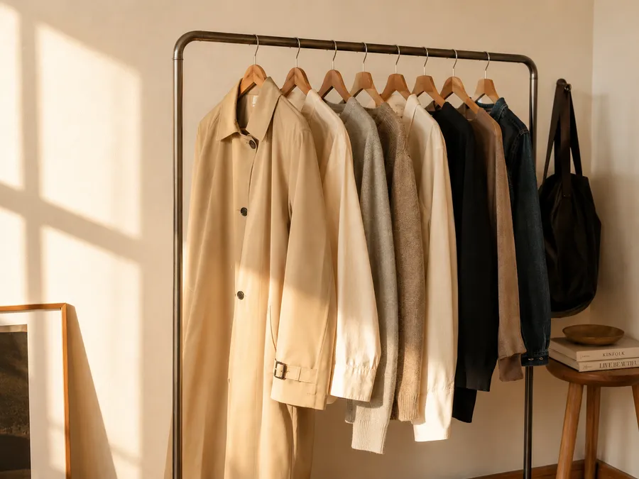 Kleiderstange mit neutraler, aufeinander abgestimmter Kleidung im Capsule-Wardrobe-Stil