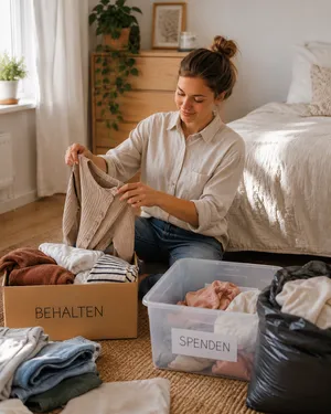 Kleidung wird beim Ausmisten in Boxen für Behalten und Spenden sortiert