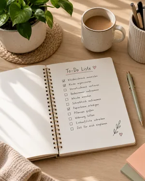 Handgeschriebene To-Do-Liste für Haushaltsorganisation neben einer Tasse Kaffee