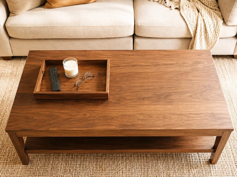 Couchtisch aufräumen mit Holztablett für Fernbedienung, Kerze und Brille, restliche Tischfläche komplett leer und aufgeräumt