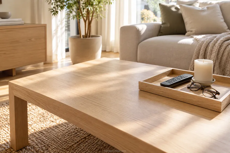 Aufgeräumter Couchtisch mit einem einzigen Tablett als festem Sammelplatz für Kleinkram, Rest der Fläche bleibt leer