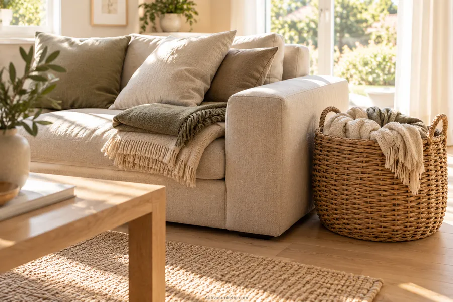 Sofa mit wenigen sichtbaren Decken und Kissen, überschüssige Decken verschwinden im Rattankorb daneben, verhindert den Kissen-Berg