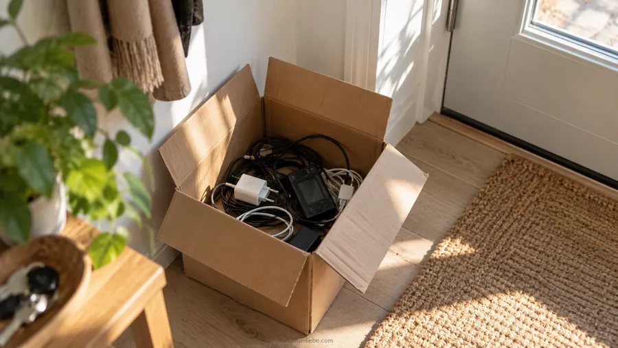 Elektroschrott entsorgen nach dem Ausmisten: ein offener Karton mit alten Kabeln, einem Ladegerät und einem kleinen Elektrogerät steht bereit am Wohnungseingang