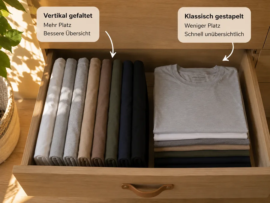 Vergleich von vertikal gefalteten und klassisch gestapelten T-Shirts in einer Schublade
