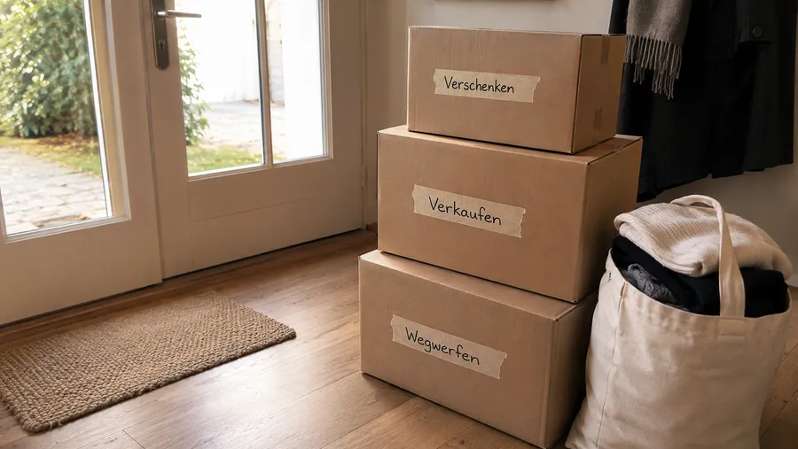 Drei fertig sortierte Kisten und ein Stoffbeutel mit gefalteter Kleidung stehen abholbereit an der Wohnungstür