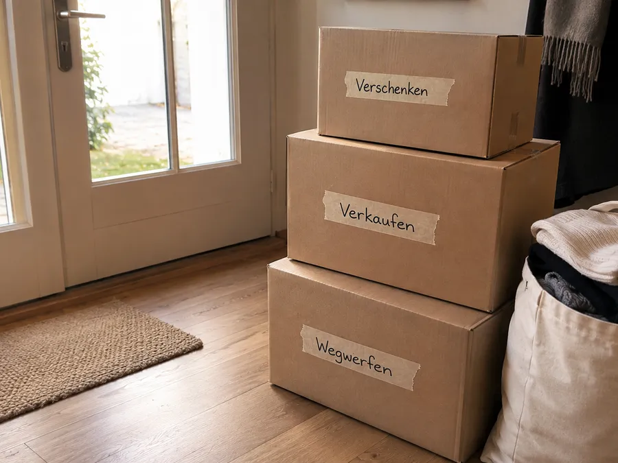 Drei fertig sortierte Kisten und ein Stoffbeutel mit gefalteter Kleidung stehen abholbereit an der Wohnungstür