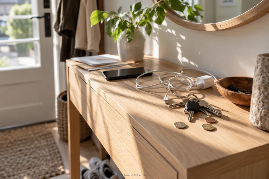Kleiner Flurtisch mit losen Schlüsseln und einem verknoteten Ladekabel ohne festen Platz, typisches Beispiel dafür, warum Gegenstände ohne Zuhause zu Unordnung führen