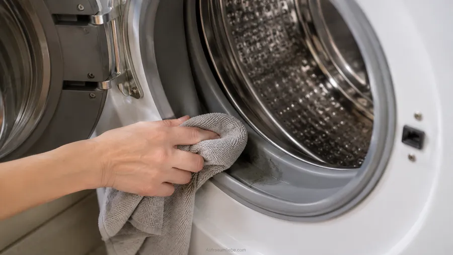 Eine Hand wischt mit einem Mikrofasertuch die Gummidichtung einer Frontlader-Waschmaschine aus, ein kleiner dunkler Fleck in einer Falte sichtbar