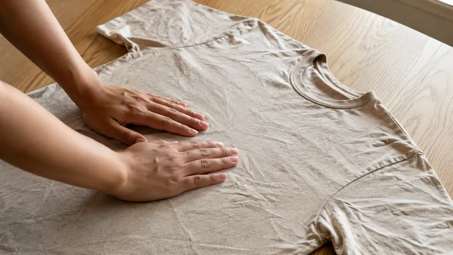 Nahaufnahme von Händen, die ein beigefarbenes T-Shirt auf einem Holztisch glattstreichen