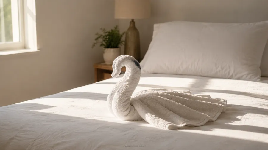 Ein aus einem Handtuch gefalteter Schwan, platziert auf einem ordentlich gemachten Gästebett mit schlichter weißer Decke