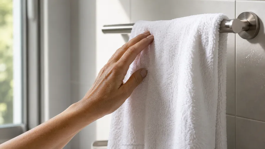 Nahaufnahme einer Hand, die ein leicht feuchtes weißes Handtuch an einem Handtuchhalter in einem kleinen Bad prüft