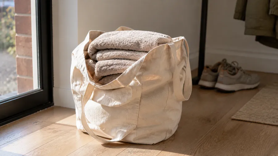 Ein Stapel gefalteter Handtücher liegt in einer offenen Stofftasche auf dem Holzboden nahe der Wohnungstür