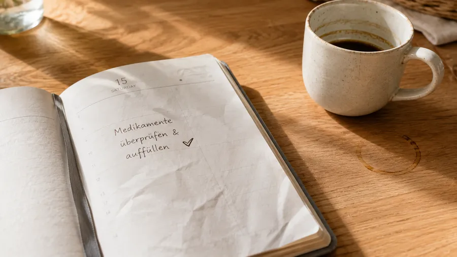 Aufgeschlagener Notizkalender mit handschriftlicher Erinnerung Hausapotheke checken neben einer Kaffeetasse