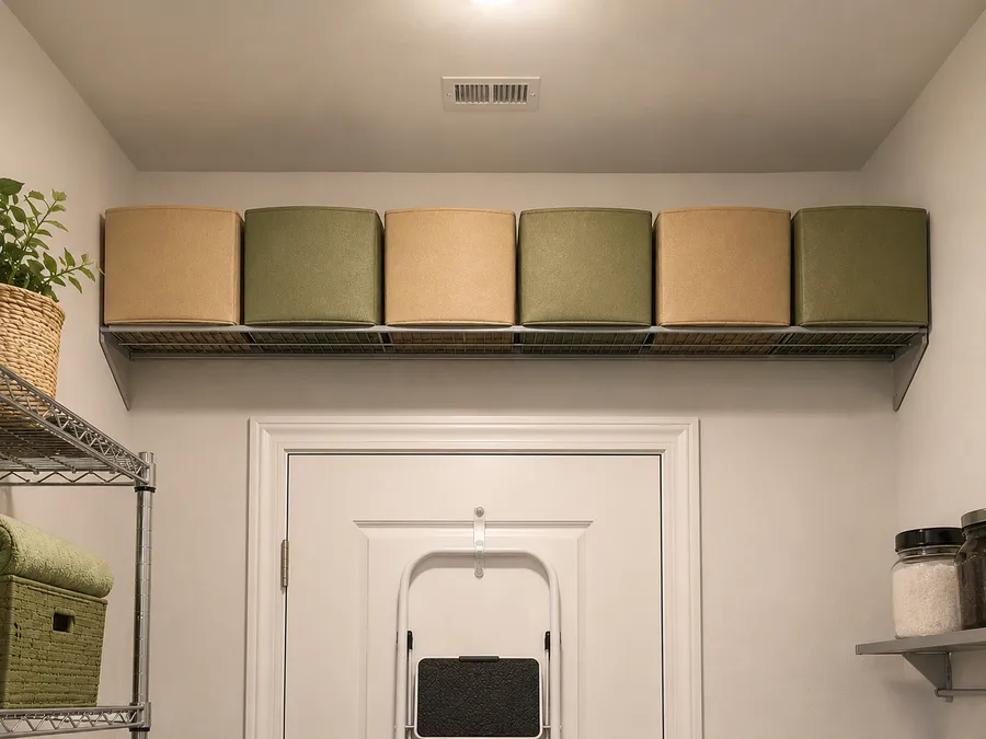 Hohes Regal unter der Decke mit einheitlich beschrifteten Boxen und einer Falt-Trittleiter dahinter