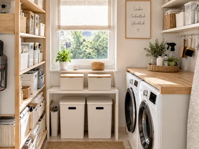 Heller Hauswirtschaftsraum mit Waschmaschine und Trockner nebeneinander, offenen Holzregalen mit beschrifteten Boxen und einer Arbeitsplatte aus Holz