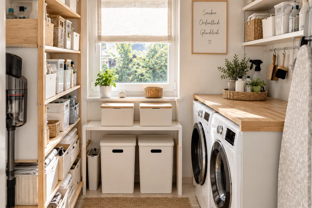 Heller Hauswirtschaftsraum mit Waschmaschine und Trockner nebeneinander, offenen Holzregalen mit beschrifteten Boxen und einer Arbeitsplatte aus Holz