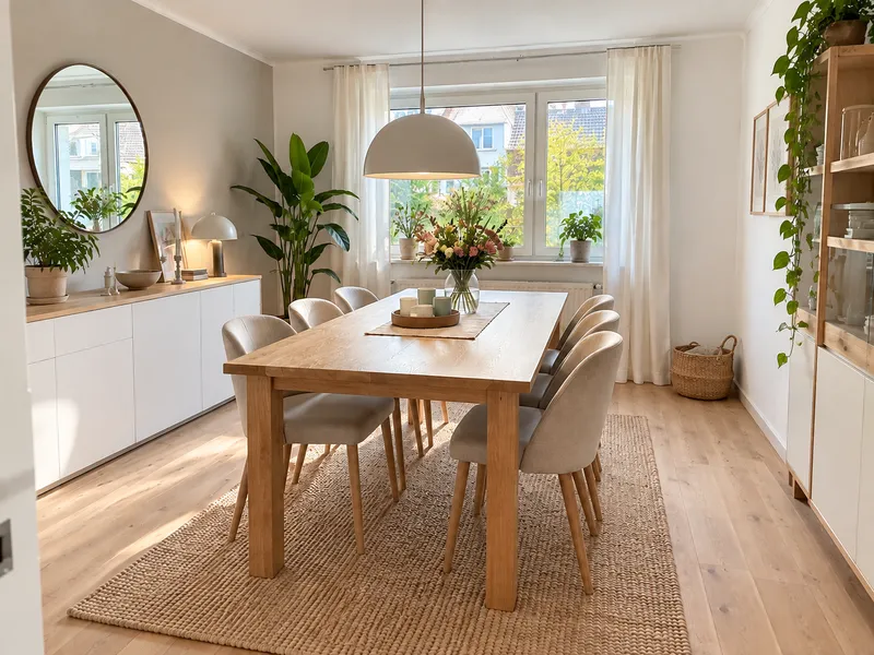 Helles Esszimmer mit großem Holztisch, gepolsterten Stühlen und aufgeräumtem Sideboard als Beispiel für stilvolle Wohnraumorganisation