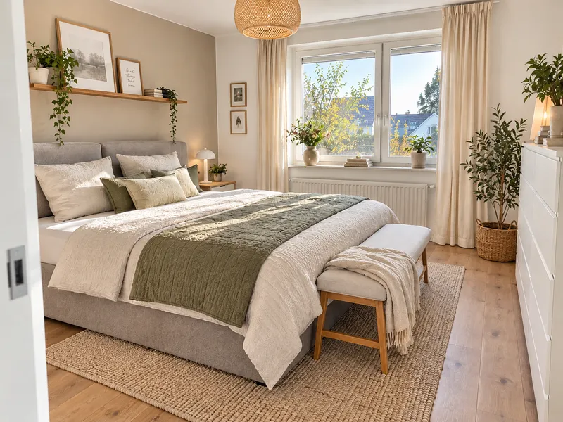 Ruhiges, minimalistisch eingerichtetes Schlafzimmer mit gemachtem Bett, offenem Wandregal und aufgeräumter Kommode für erholsamen Schlaf