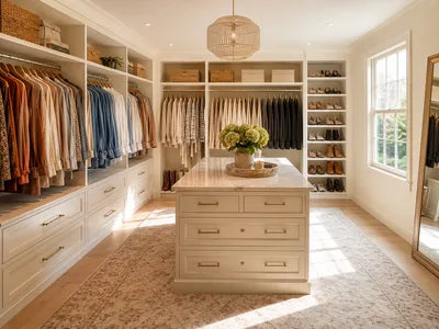 Begehbarer Kleiderschrank mit offenen Regalen, Kleiderstange und Inselschrank als Beispiel für gute Kleiderschrank-Organisation