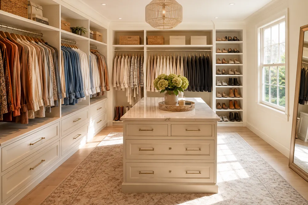 Begehbarer Kleiderschrank mit offenen Regalen, Kleiderstange und Inselschrank als Beispiel für gute Kleiderschrank-Organisation