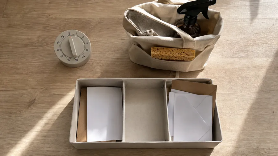 Flat-Lay auf heller Holzoberfläche mit einem mechanischen Kurzzeit-Timer, einer kleinen Reinigungs-Caddy-Tasche und einer Ablagebox mit drei Fächern