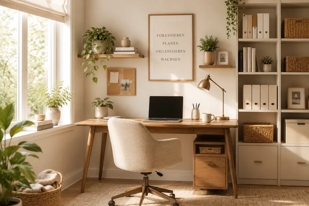Aufgeräumter Schreibtisch im Homeoffice mit Laptop, Notizbuch und Kaffeetasse, keine sichtbaren Kabel, warmes Morgenlicht