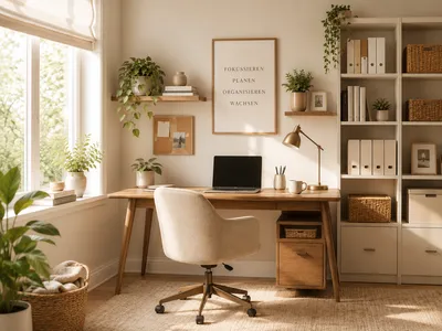 Aufgeräumter Schreibtisch im Homeoffice mit Laptop, Notizbuch und Kaffeetasse, keine sichtbaren Kabel, warmes Morgenlicht
