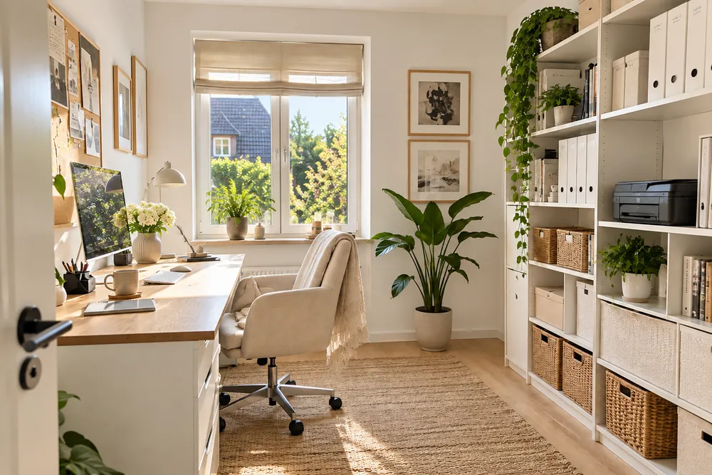 Helles Homeoffice mit aufgeräumtem Schreibtisch, gepolstertem Bürostuhl und offenem Regal mit beschrifteten Ordnern und geflochtenen Aufbewahrungskörben