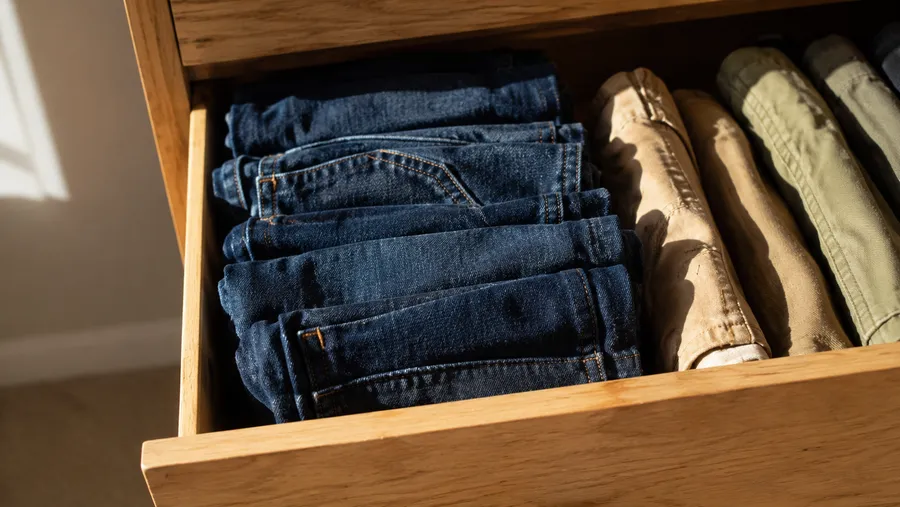 Blaue Jeans, vertikal gefaltet und aufrecht stehend in einer offenen Schublade neben weiteren gefalteten Hosen