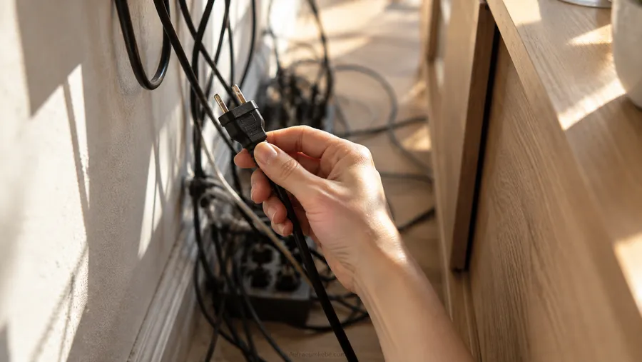 Kabel hinter dem Fernseher ausmisten: eine Hand zieht ein einzelnes Kabel aus dem Bündel und prüft den Stecker, erster Schritt beim Kabelmanagement