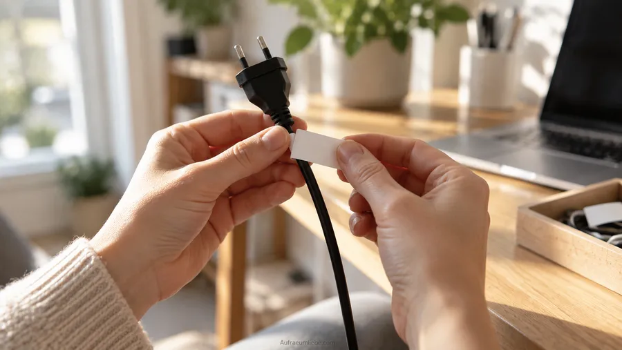 Kabel für dauerhaftes Kabelmanagement beschriften: eine Hand klebt ein kleines Etikett direkt an den Stecker, damit jedes Kabel erkennbar bleibt