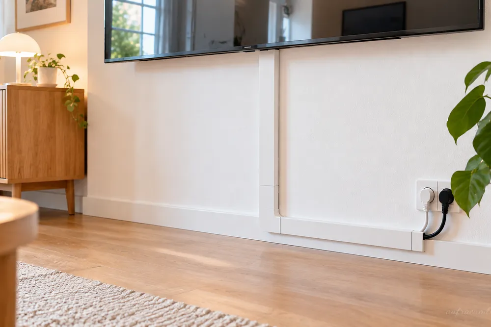Kabelsalat hinter dem Fernseher vor dem Aufräumen, mehrere unterschiedlich lange schwarze Kabel führen vom TV zur Steckdose, typischer Ausgangspunkt für Kabelmanagement im Wohnzimmer