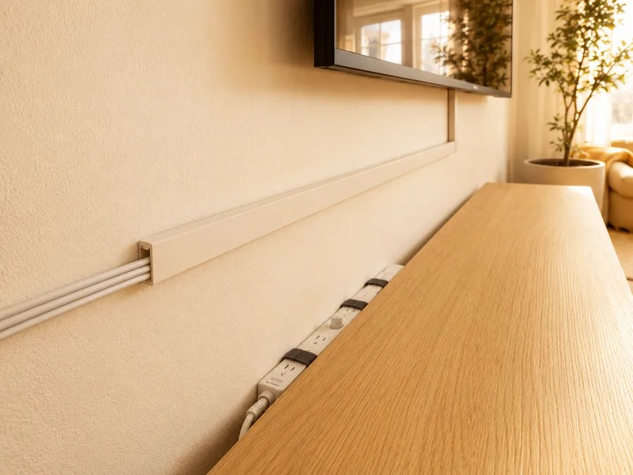Kabel verstecken im Wohnzimmer mit wandfarbenem Kabelkanal hinter dem TV-Sideboard und Steckdosenleiste per Klettverschluss befestigt